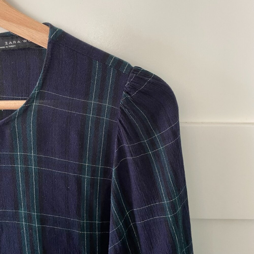 Zara Blue and Green Plaid Long Sleeve Top for Office Outfit or Casual Night Out - Picture 2 of 7